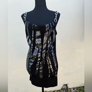 Y2K Black Silver Metallic Tunic Top Chain Straps Clubwear Made in USA